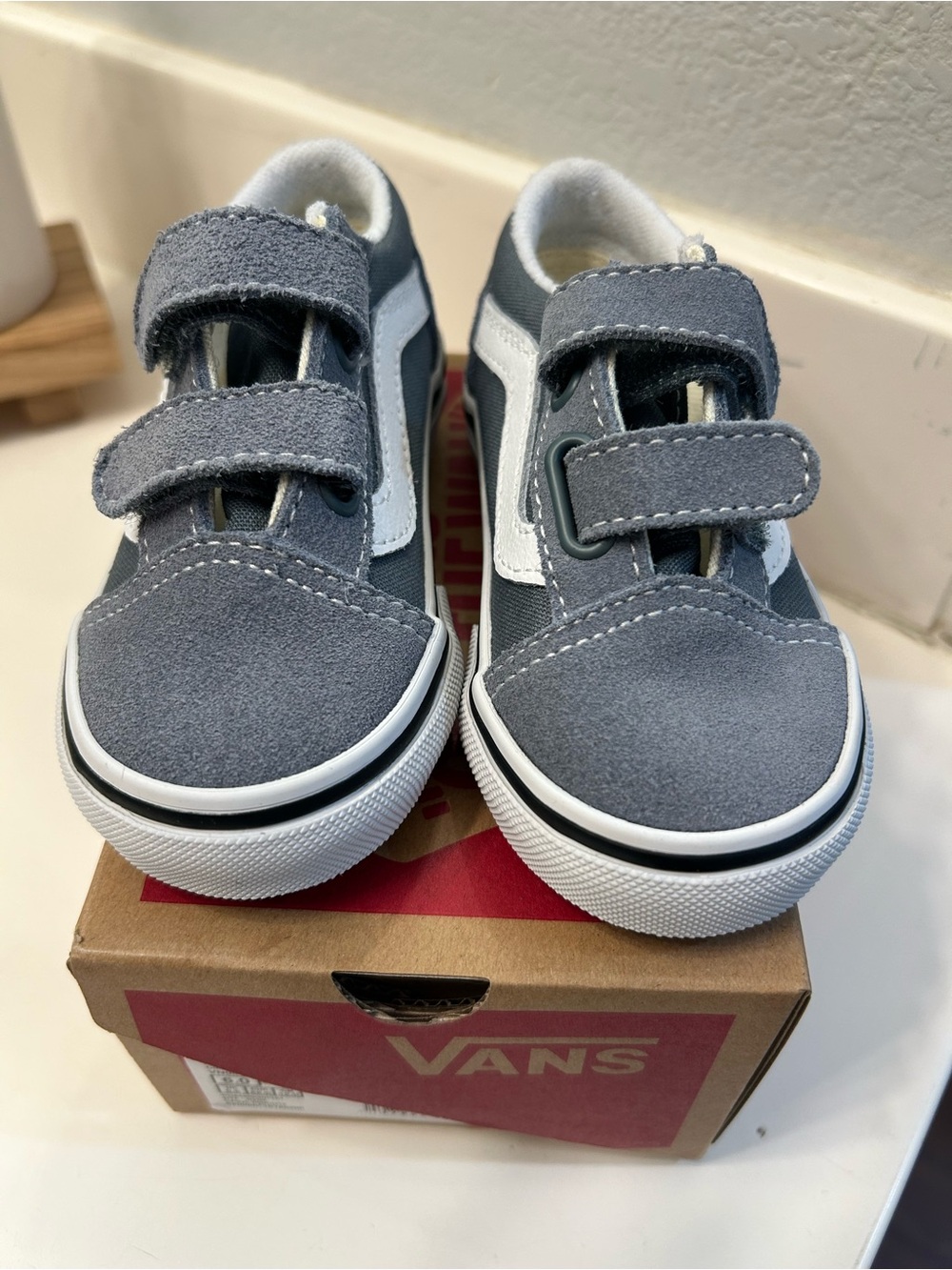 Vans Kids Gray and White Velcro Skate Sneakers